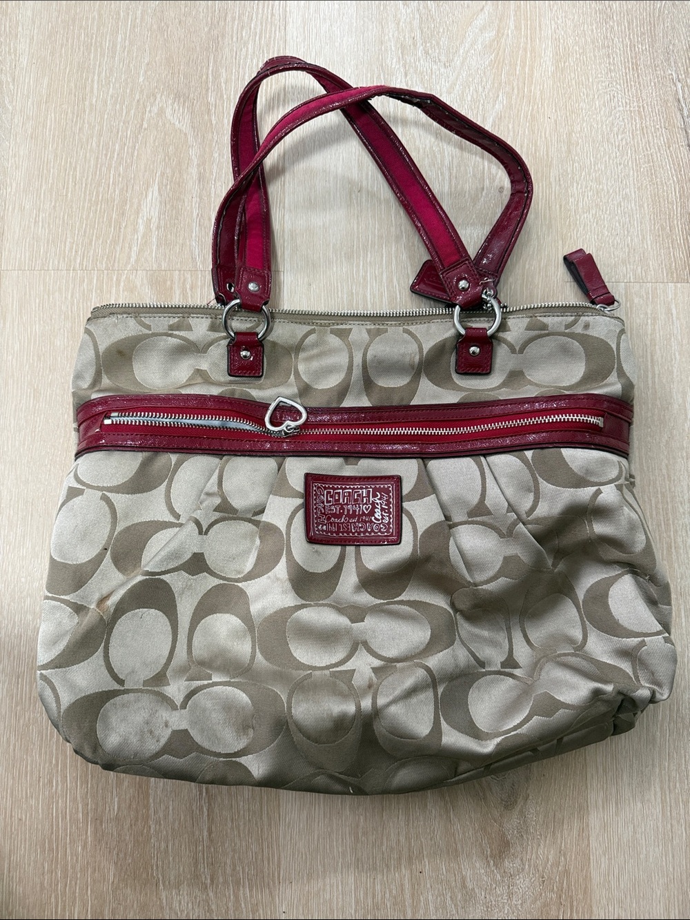 Coach Beige Signature Tote with Red Leather Trim